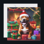 "Santa Paws: A Staffy’s Festive Surprise" Holiday Card<br><div class="desc">This image highlights the holiday spirit with the Staffy in a Santa hat,  surrounded by presents and Christmas decorations,  ready to spread some "paw-some" cheer.</div>