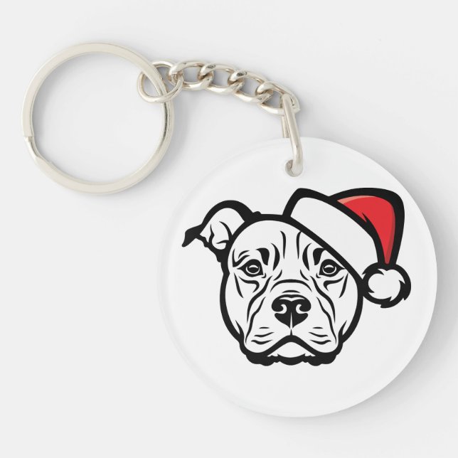 Santa Paws: AmStaff Dog in Festive Hat Keychain (Front)
