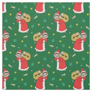 Santa Paws Cats Christmas Green Fabric