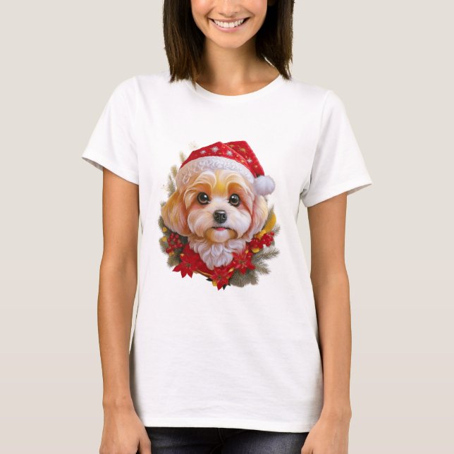 Santa Paws Delight" – Holiday Pup in Red Hat T-Shirt (Front)