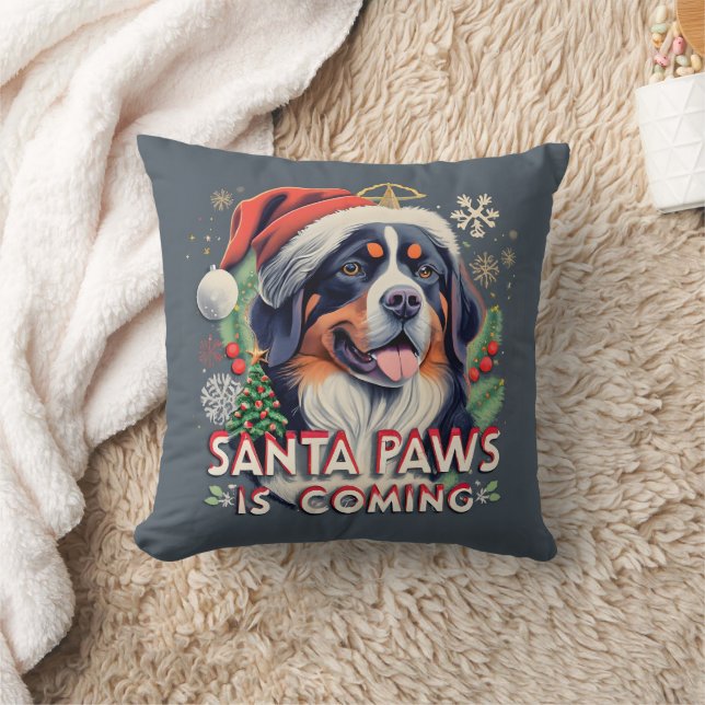 Santa Paws Is Coming Bernese  Dog Christmas Throw Pillow (Blanket)