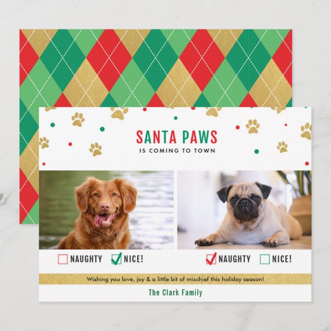 Santa Paws Naughty or Nice Two Dog Photo Card (Front/Back)