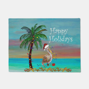 Santa pelican and palm tree Christmas Holiday Doormat