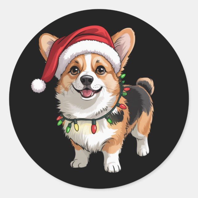 Santa Pembroke Welsh Corgi Christmas Tree Lights  Classic Round Sticker (Front)