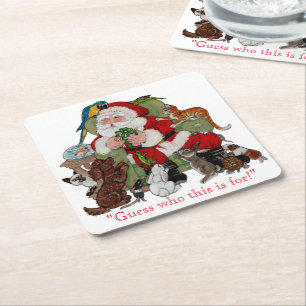 Santa & Pets Christmas Holiday Fun Animal Lover Square Paper Coaster
