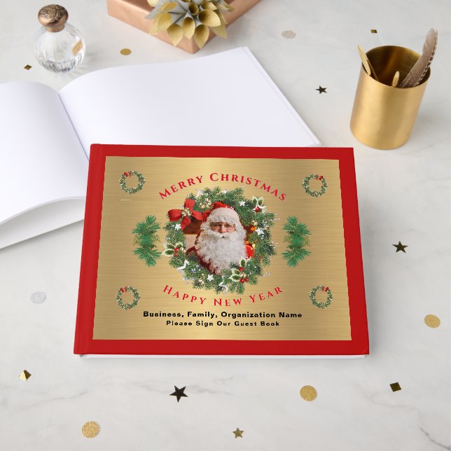 Santa Photo Merry Christmas New Year Personalize Guest Book (Front Open)