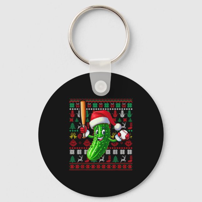 Santa Pickle Playing Baseball Xmas Player Vegan Sw Keychain (Front)