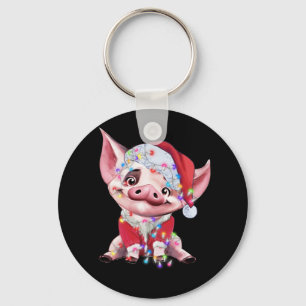 Santa Pig Christmas Lights Pig Lover Christmas Keychain