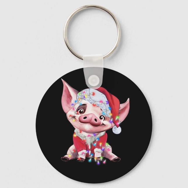 Santa Pig Christmas Lights Pig Lover Christmas Keychain (Front)