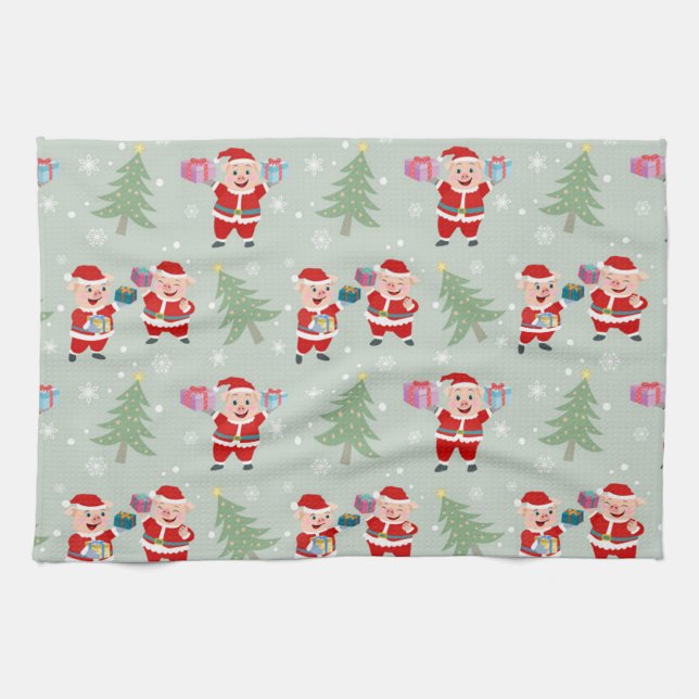 Santa  Pig Giving Gifts Pattern Kitchen Towel (Horizontal)