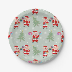 Santa Pig Giving Gifts Pattern Paper Plate