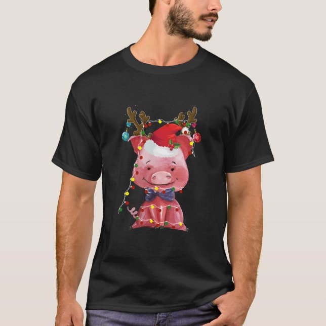 Santa Pig Reindeer Lights Christmas Gifts T-Shirt (Front)