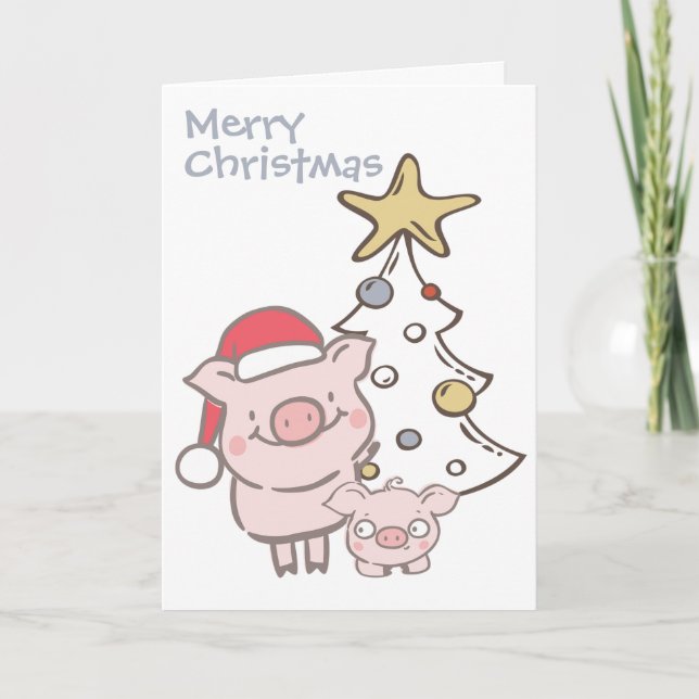Santa Piggy and Baby Pig Christmas Tree Holiday Card (Front)