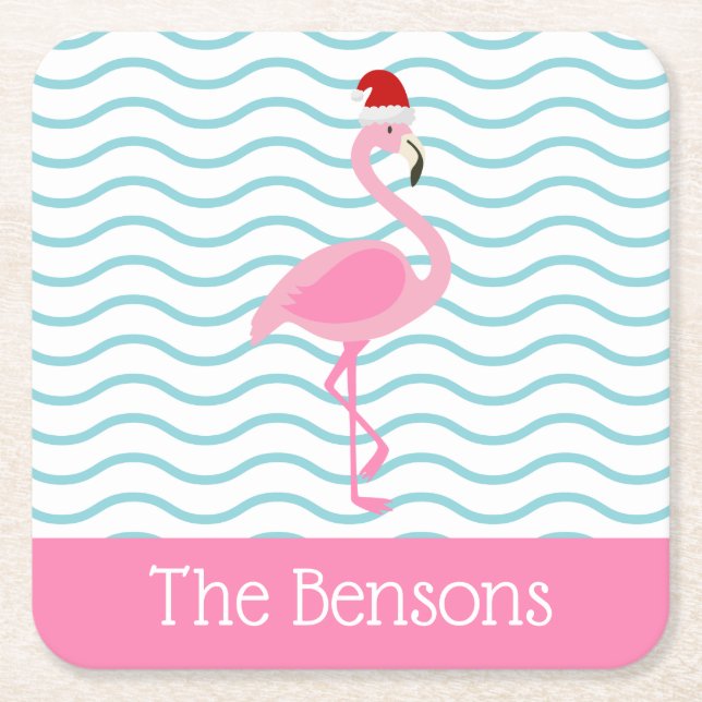 Santa Pink Flamingo Christmas Paper Coasters (Front)