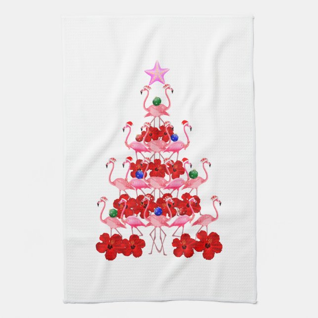 Santa Pink Flamingo Christmas Tree Kitchen Towel (Vertical)