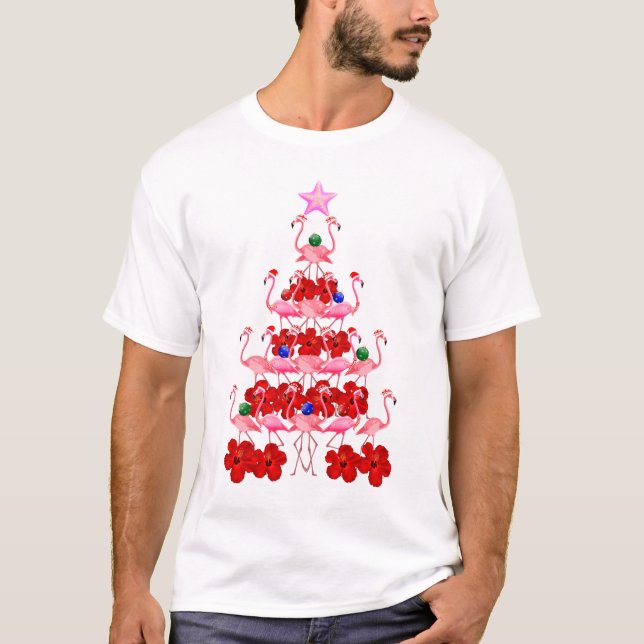 Santa Pink Flamingo Christmas Tree T-Shirt (Front)