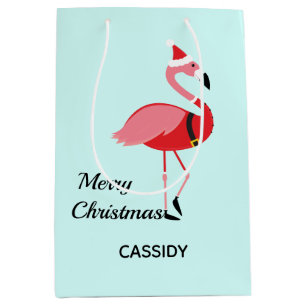 Santa Pink Flamingo Name Animal Blue Christmas Medium Gift Bag