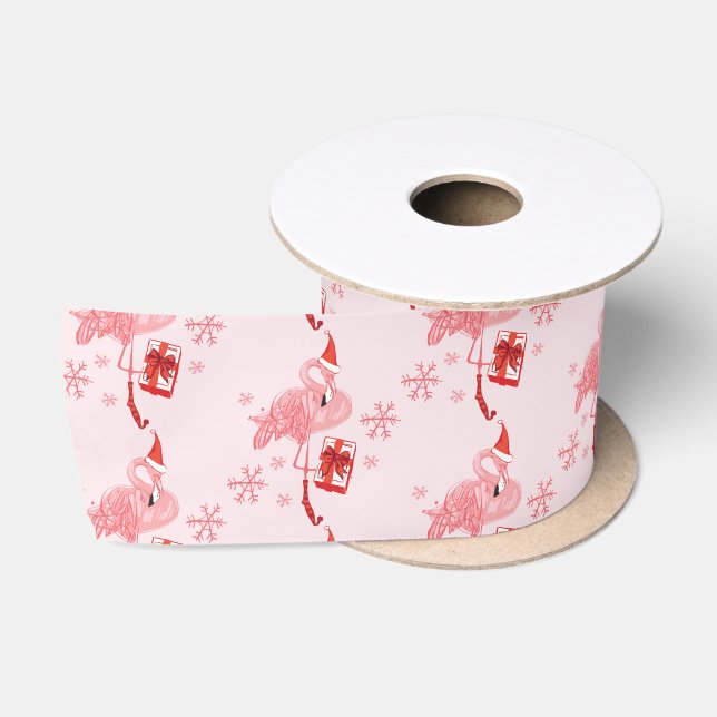 Santa Pink Flamingo Pattern Christmas Holiday Satin Ribbon (Spool)
