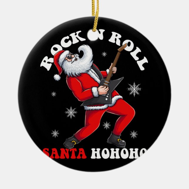 santa play guitar rock and rol ceramic ornament (Front)