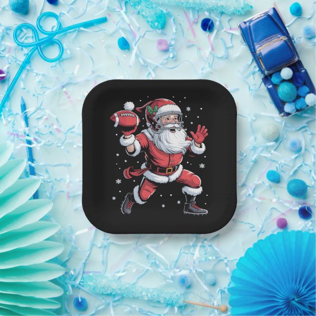 Santa Playing American Football Christmas  Paper Plate (Party)