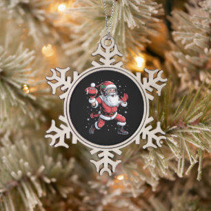 Santa Playing American Football Christmas Snowflake Pewter Christmas Ornament