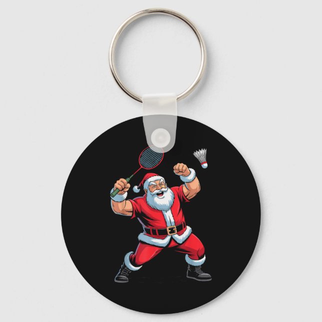 Santa Playing Badminton Funny Holiday Christmas Xm Keychain (Front)