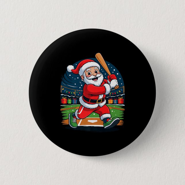 Santa Playing Baseball Funny Holiday Christmas Xma 2 Inch Round Button (Front)