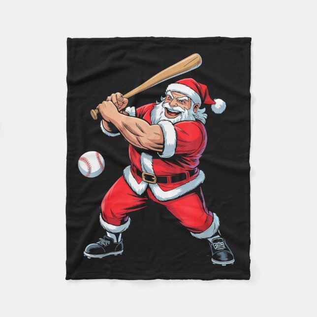 Santa Playing Baseball Funny Holiday Christmas Xma Fleece Blanket (Front)