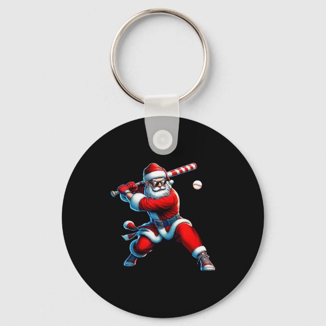 Santa Playing Baseball Men Boys Christmas Baseball Keychain (Front)