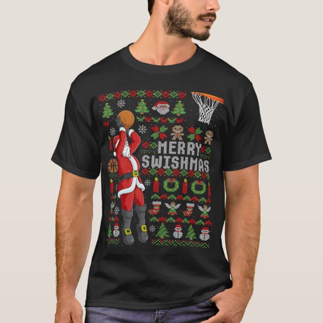 Santa Playing Basketball Ugly Christmas Sweater Ho (Front)