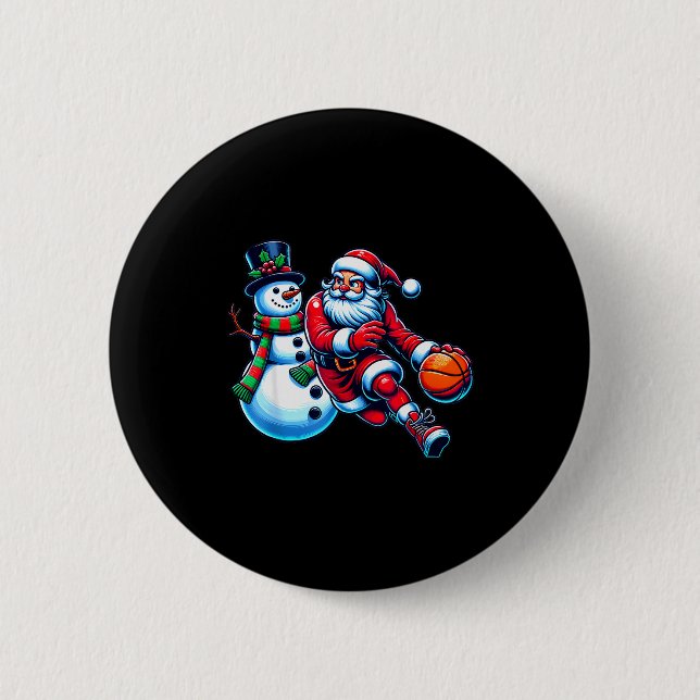 Santa Playing Basketball With A Snowman Christmas  2 Inch Round Button (Front)