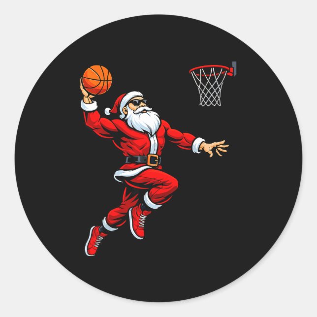 Santa Playing Basketball Xmas Funny Christmas Bask Classic Round Sticker (Front)