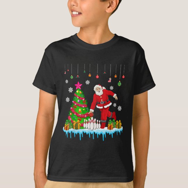 Santa Playing Bowling Christmas Tree Funny Player  T-Shirt (Front)