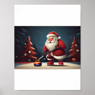 Santa playing Curling Rock Poster