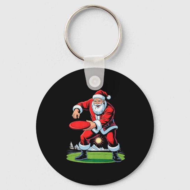 Santa Playing Disc Golf Funny Holiday Christmas Xm Keychain (Front)