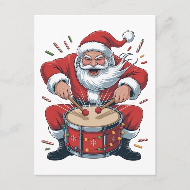 Santa Playing Drums Christmas Drummer Xmas  Announcement Postcard (Front)