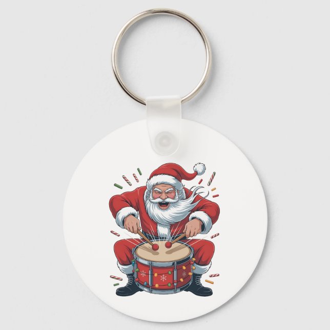 Santa Playing Drums Christmas Drummer Xmas  Keychain (Front)