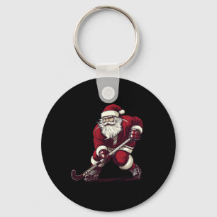 Santa Playing Field Hockey Funny Field Hockey Play Keychain