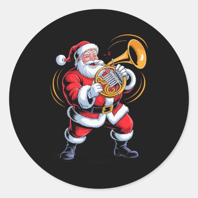 Santa Playing French Horn Funny Holiday Chrismas X Classic Round Sticker (Front)