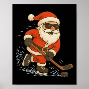 Santa Playing Frozen Hockey Christmas Poster
