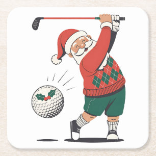 Santa Playing Golf Christmas Player Golfer Square Paper Coaster