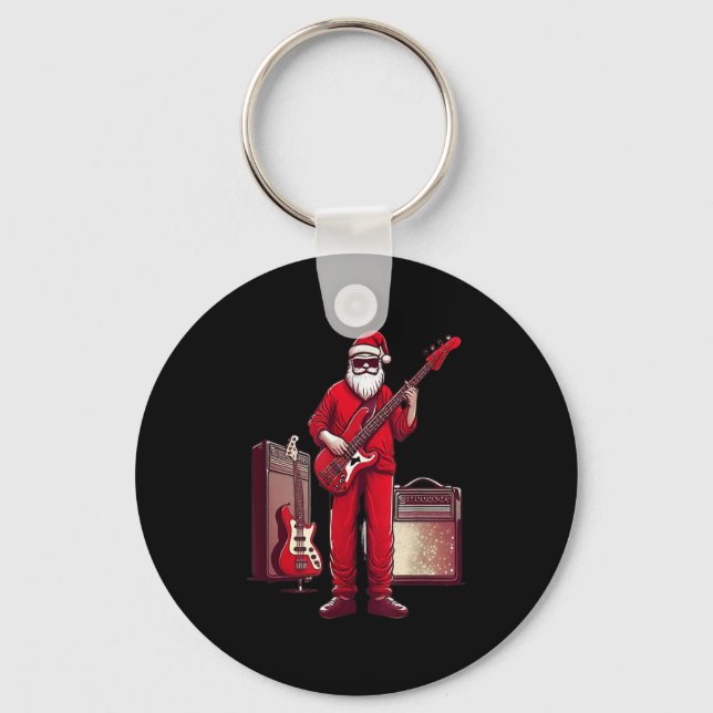 Santa Playing Guitar B Christmas Pajama Musician B Keychain (Front)