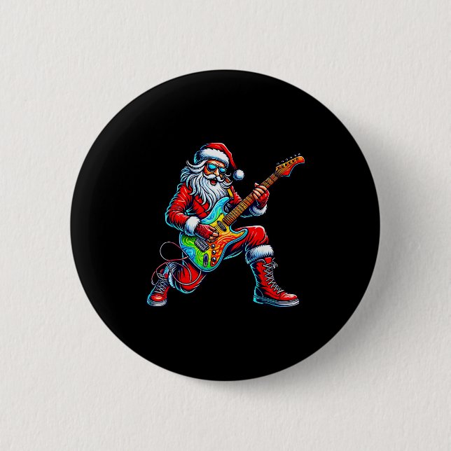 Santa Playing Guitar Musician Guitarist Christmas  2 Inch Round Button (Front)