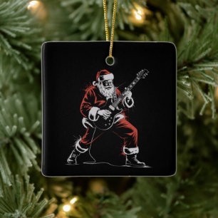 Santa Playing Guitar Retro 90s Christmas Rock  Ceramic Ornament