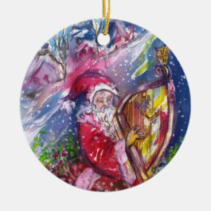 SANTA PLAYING HARP IN MOONLIGHT Red Ruby Christmas Ceramic Ornament
