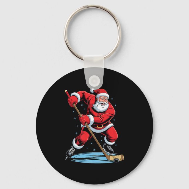 Santa Playing Hockey Funny Holiday Christmas Xmas  Keychain (Front)