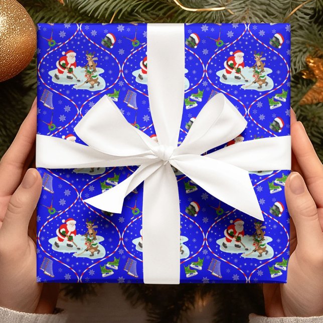 Santa Playing Ice Hockey Christmas Pattern Blue Wrapping Paper (Creator Uploaded)