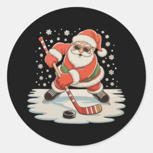 Santa Playing Ice Hockey Christmas Xmas Sport Classic Round Sticker