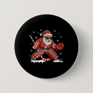 Santa Playing Ice Hockey Goalie Christmas  2 Inch Round Button