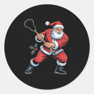Santa Playing Lacrosse Funny Holiday Christmas Xma Classic Round Sticker